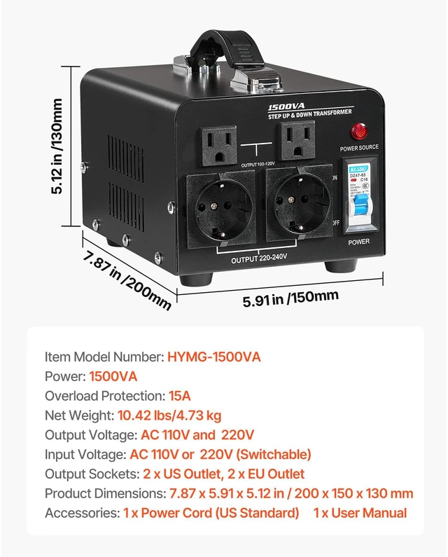 Alt view image 7 of 7 - Voltage Converter Transformer, 1500VA, Heavy Duty Step Up/Down Power Transformer, Convert from 110V to 220V and 220V to 110V, with US Outlets, EU Outlets, Power Cord, Circuit Breaker Protection