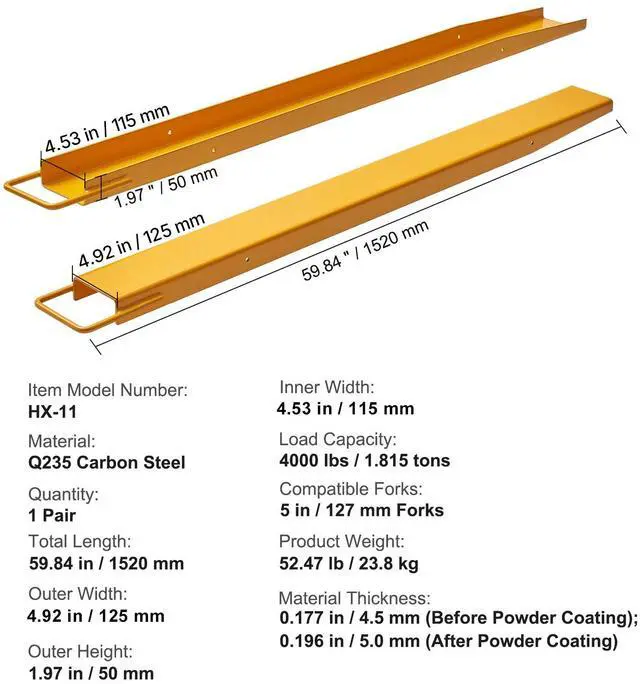 Alt view image 7 of 7 - Pallet Fork Extensions, 60" Length 4.5" Width, Heavy Duty Carbon Steel Fork Extensions for Forklifts, 1 Pair Forklift Extensions, Industrial Forklift Fork Attachments for Forklift Truck, Yellow