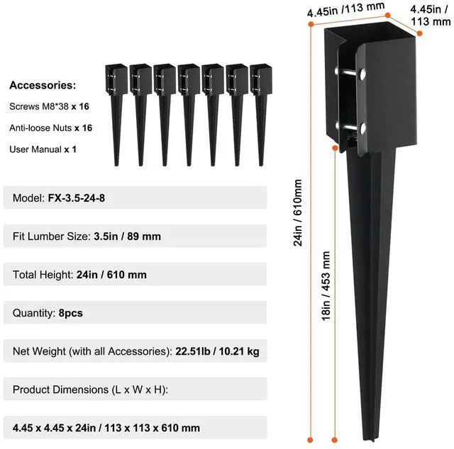 Alt view image 7 of 7 - Fence Post Anchor Ground Spike, 8 Pack 24 x 4 x 4 Inches Outer Diameter (Inner Diameter 3.5 x3.5 Inches), Metal Black Powder Coated Post Stake Ground, for Mailbox Deck Garden Railing