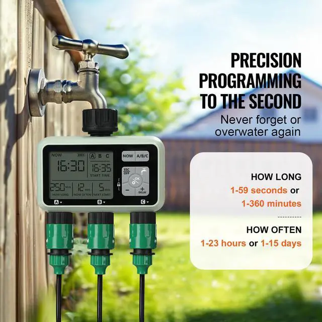 Alt view image 3 of 7 - Water Timer, 3 Outlets, Hose Watering Sprinkler Timer, with 3 Independent Watering Zone LCD Display Rain Delay Mode Manual Mode 360° Brass Inlet Metal Filter, IPX6 Waterproof for Yard Watering