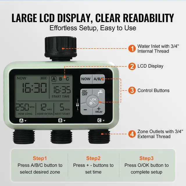 Alt view image 6 of 7 - Water Timer, 3 Outlets, Hose Watering Sprinkler Timer, with 3 Independent Watering Zone LCD Display Rain Delay Mode Manual Mode 360° Brass Inlet Metal Filter, IPX6 Waterproof for Yard Watering