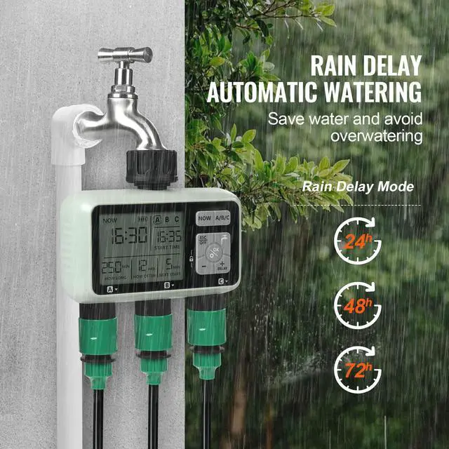 Alt view image 4 of 7 - Water Timer, 3 Outlets, Hose Watering Sprinkler Timer, with 3 Independent Watering Zone LCD Display Rain Delay Mode Manual Mode 360° Brass Inlet Metal Filter, IPX6 Waterproof for Yard Watering