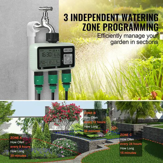 Alt view image 2 of 7 - Water Timer, 3 Outlets, Hose Watering Sprinkler Timer, with 3 Independent Watering Zone LCD Display Rain Delay Mode Manual Mode 360° Brass Inlet Metal Filter, IPX6 Waterproof for Yard Watering