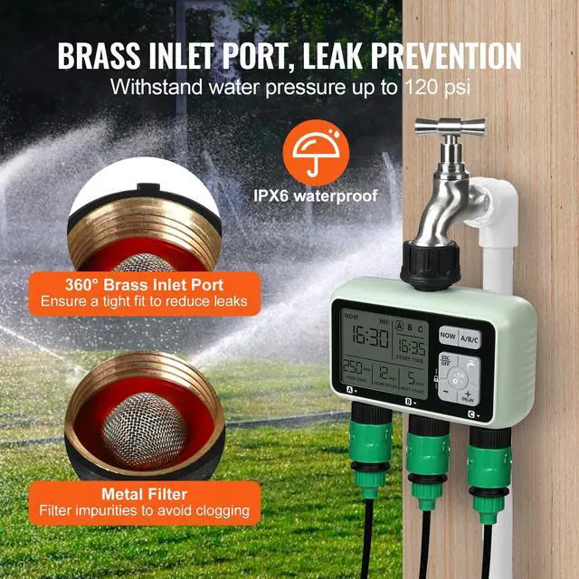 Alt view image 7 of 7 - Water Timer, 3 Outlets, Hose Watering Sprinkler Timer, with 3 Independent Watering Zone LCD Display Rain Delay Mode Manual Mode 360° Brass Inlet Metal Filter, IPX6 Waterproof for Yard Watering