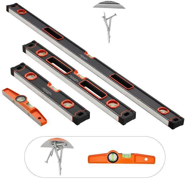 Main image of 4-Piece Torpedo Level, 48/24/16/10 Inch All Magnetic Levels Set, Fluorescent Light Up Bubble Vials Ruler for 45/90/180 Degree, Aluminum Alloy Magnetic Box Leveler Tool, SAE and Metric Scale