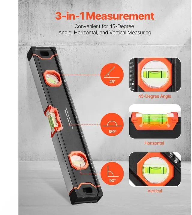 Alt view image 5 of 7 - 4-Piece Torpedo Level, 48/24/16/10 Inch All Magnetic Levels Set, Fluorescent Light Up Bubble Vials Ruler for 45/90/180 Degree, Aluminum Alloy Magnetic Box Leveler Tool, SAE and Metric Scale