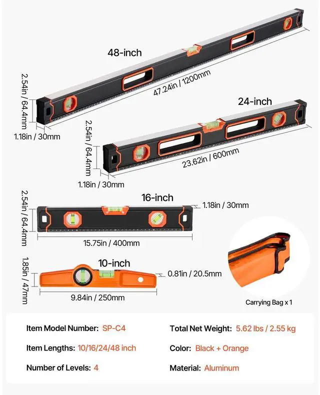 Alt view image 7 of 7 - 4-Piece Torpedo Level, 48/24/16/10 Inch All Magnetic Levels Set, Fluorescent Light Up Bubble Vials Ruler for 45/90/180 Degree, Aluminum Alloy Magnetic Box Leveler Tool, SAE and Metric Scale