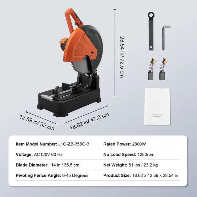 Alt view image 7 of 7 - Chop Saw, 14"/355mm Blade Diameter Cut Off Saw, 2800W 1200RPM Steel Cutting Machine, 0-45° Adjustable Dry Cut Chop Saw, Miter Saw for Cutting Metal Cold Cut Saw for Steel/Rebar/Iron/Aluminum