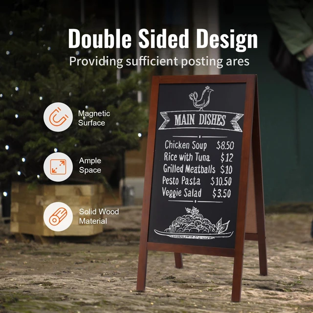 Alt view image 2 of 8 - A Frame Chalkboard Sign, Double-Sided Sidewalk Signs, Freestanding Vintage Wooden Chalk Board with Chalks & Magnetic Eraser, Rustic Brown Outdoor Sandwich Board, 20"x40", Kitchen Home Wedding