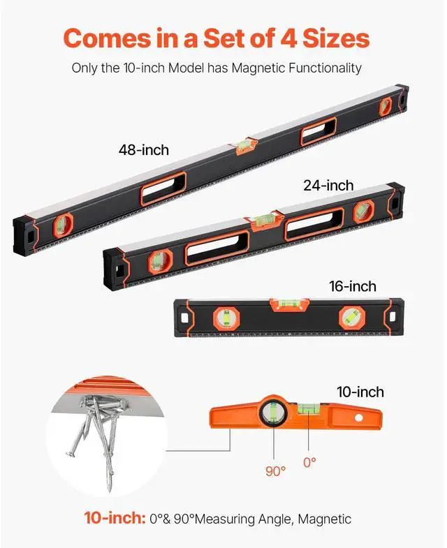 Alt view image 3 of 7 - 4-Piece Torpedo Level, 48/24/16/10 Inch All Magnetic Levels Set, Fluorescent Light Up Bubble Vials Ruler for 45/90/180 Degree, Aluminum Alloy Magnetic Box Leveler Tool, SAE and Metric Scale