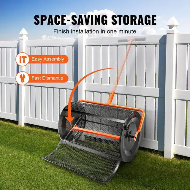 Alt view image 6 of 7 - Compost Spreader, 24.4-25.6" Height Adjustable Handle, 24" Wide, Lawn and Garden Peat Moss Roller with Side Latches, Powder Coated Steel Mesh Basket for Spreading Manure, Topsoil, Black