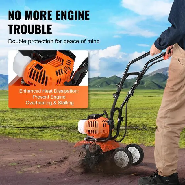 Alt view image 3 of 7 - Tiller Cultivator, 43CC 2-Stroke Garden Cultivator, Tiller with 4 Steel Adjustable Front Tines for Lawn, Garden and Field Cultivation