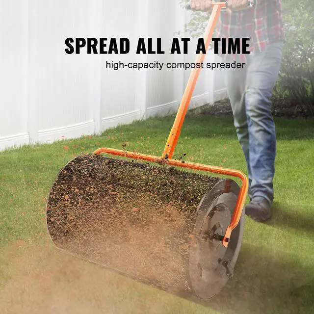 Alt view image 2 of 7 - Compost Spreader, 24.4-25.6" Height Adjustable Handle, 24" Wide, Lawn and Garden Peat Moss Roller with Side Latches, Powder Coated Steel Mesh Basket for Spreading Manure, Topsoil, Black