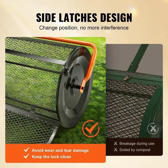 Alt view image 4 of 7 - Compost Spreader, 24.4-25.6" Height Adjustable Handle, 24" Wide, Lawn and Garden Peat Moss Roller with Side Latches, Powder Coated Steel Mesh Basket for Spreading Manure, Topsoil, Black