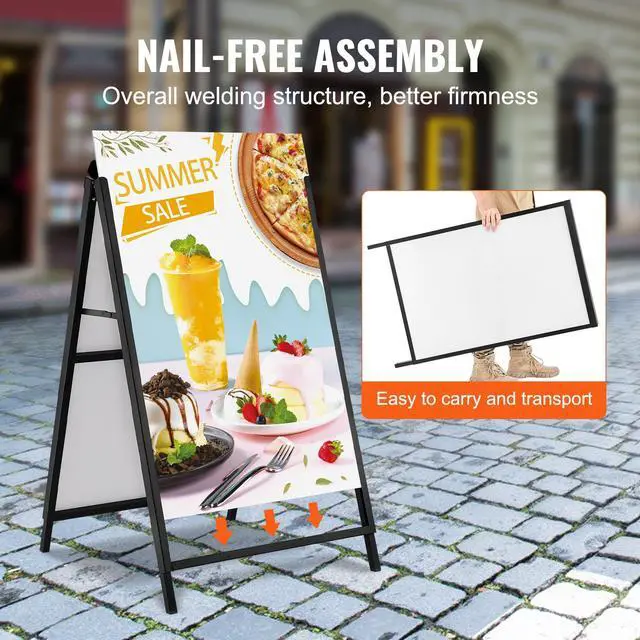 Alt view image 5 of 7 - A Frame Sidewalk Sign, 24x36 Inch Heavy Duty Slide-in Signboard Holder, Double-Sided Folding Sandwich Board Signs, Steel Pavement Sign Poster for Outdoor Business Street Advertising (Frame only)