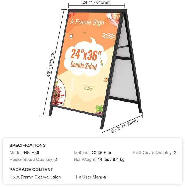 Alt view image 7 of 7 - A Frame Sidewalk Sign, 24x36 Inch Heavy Duty Slide-in Signboard Holder, Double-Sided Folding Sandwich Board Signs, Steel Pavement Sign Poster for Outdoor Business Street Advertising (Frame only)