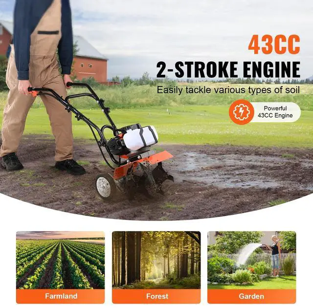 Alt view image 2 of 7 - Tiller Cultivator, 43CC 2-Stroke Garden Cultivator, Tiller with 4 Steel Adjustable Front Tines for Lawn, Garden and Field Cultivation