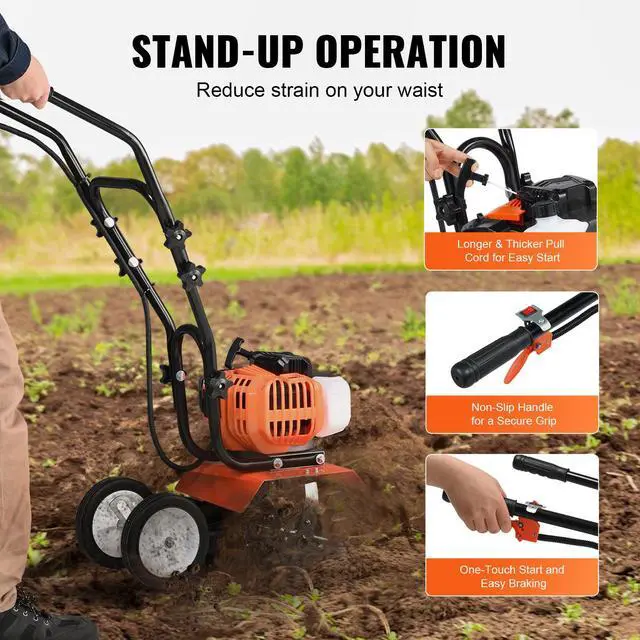 Alt view image 5 of 7 - Tiller Cultivator, 43CC 2-Stroke Garden Cultivator, Tiller with 4 Steel Adjustable Front Tines for Lawn, Garden and Field Cultivation