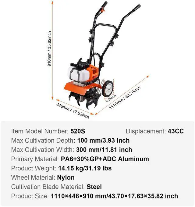 Alt view image 7 of 7 - Tiller Cultivator, 43CC 2-Stroke Garden Cultivator, Tiller with 4 Steel Adjustable Front Tines for Lawn, Garden and Field Cultivation
