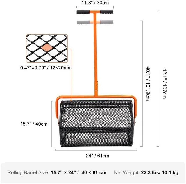 Alt view image 7 of 7 - Compost Spreader, 24.4-25.6" Height Adjustable Handle, 24" Wide, Lawn and Garden Peat Moss Roller with Side Latches, Powder Coated Steel Mesh Basket for Spreading Manure, Topsoil, Black