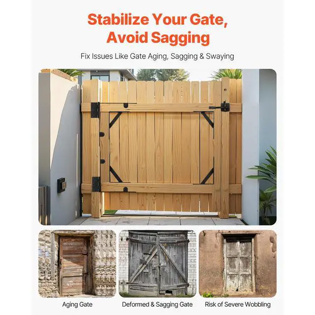 Alt view image 2 of 7 - Gate Corner Brace Bracket, 2 Sets, Anti Sag Gate Frame Hardware Kit, Gate Frame Brace Bracket with Latch Lock, Screws, for Shed Doors, Corral Gates, Driveway Gates, Wood Windows, Iron, Black