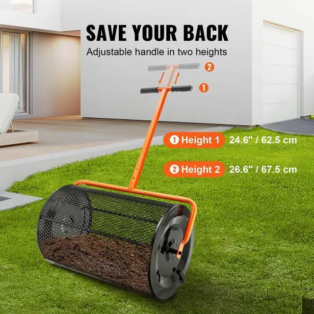 Alt view image 5 of 7 - Compost Spreader, 24.4-25.6" Height Adjustable Handle, 24" Wide, Lawn and Garden Peat Moss Roller with Side Latches, Powder Coated Steel Mesh Basket for Spreading Manure, Topsoil, Black