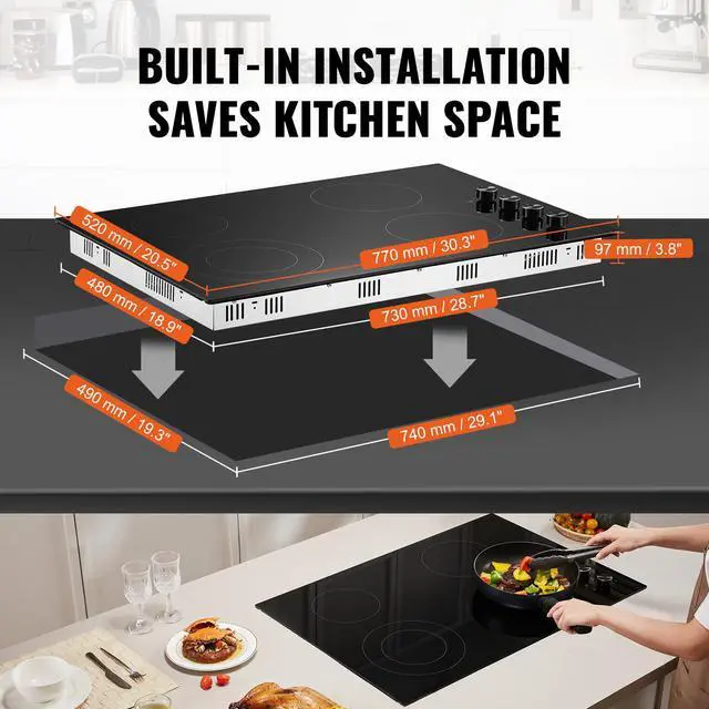 Alt view image 6 of 7 - Electric Cooktop, 30 inch 4 Burners Built-in Electric Stove Top, 7200W Ceramic Top Radiant Cooktop, with Glass Panel, Knob Control, 11 Heat Levels, 220-240V, Hard Wire (No Plug)