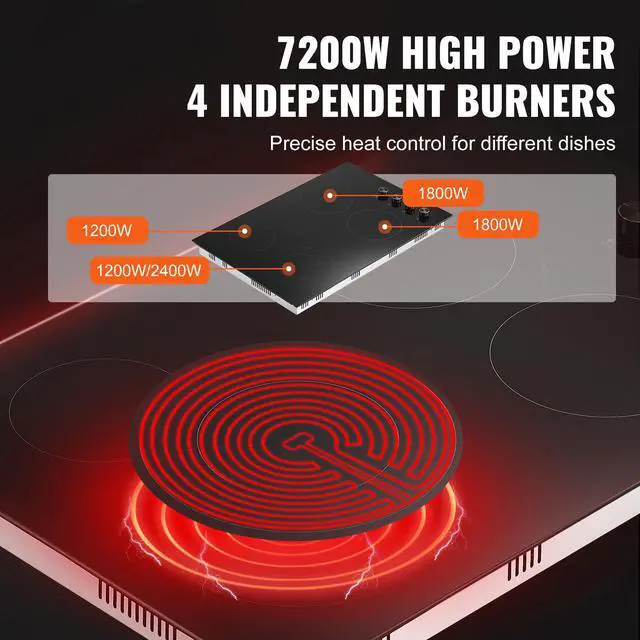 Alt view image 2 of 7 - Electric Cooktop, 30 inch 4 Burners Built-in Electric Stove Top, 7200W Ceramic Top Radiant Cooktop, with Glass Panel, Knob Control, 11 Heat Levels, 220-240V, Hard Wire (No Plug)