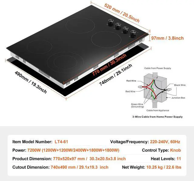 Alt view image 7 of 7 - Electric Cooktop, 30 inch 4 Burners Built-in Electric Stove Top, 7200W Ceramic Top Radiant Cooktop, with Glass Panel, Knob Control, 11 Heat Levels, 220-240V, Hard Wire (No Plug)