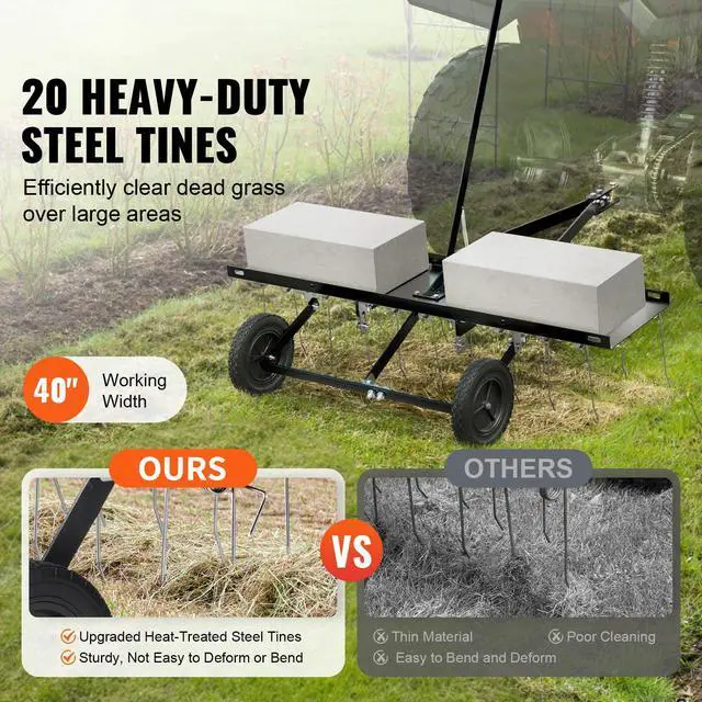 Alt view image 2 of 7 - Tow Behind Dethatcher, 40-inch Tow Dethatcher with 20 Spring Steel Tines, Lawn Dethatcher Rake for ATV or Mower, Tow Behind Lawn Rake with Lift Handle for Garden Farm Grass