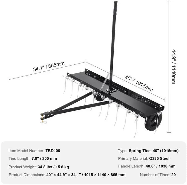 Alt view image 7 of 7 - Tow Behind Dethatcher, 40-inch Tow Dethatcher with 20 Spring Steel Tines, Lawn Dethatcher Rake for ATV or Mower, Tow Behind Lawn Rake with Lift Handle for Garden Farm Grass