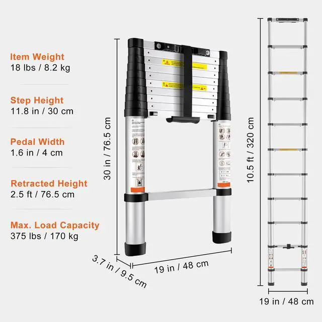 Alt view image 7 of 7 - Telescoping Ladder, 10.5 FT Aluminum One-button Retraction Collapsible Extension Ladder, 375 LBS Capacity with Non-slip Feet, Portable Multi-purpose Compact Ladder for Home, RV, Loft, ANSI Liste