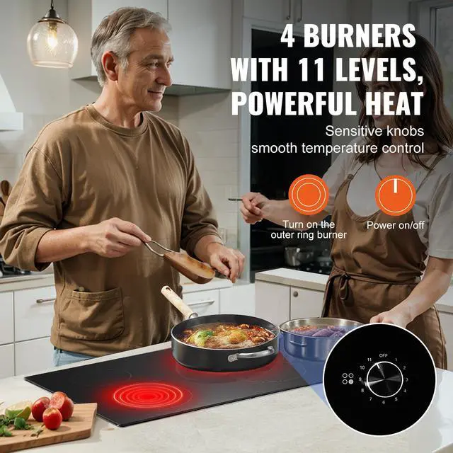Alt view image 3 of 7 - Electric Cooktop, 30 inch 4 Burners Built-in Electric Stove Top, 7200W Ceramic Top Radiant Cooktop, with Glass Panel, Knob Control, 11 Heat Levels, 220-240V, Hard Wire (No Plug)