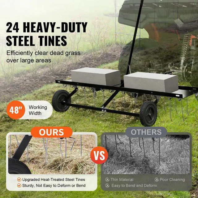Alt view image 2 of 7 - Tow Behind Dethatcher, 48-inch Tow Dethatcher with 24 Spring Steel Tines, Lawn Dethatcher Rake for ATV or Mower, Tow Behind Lawn Rake with Lift Handle for Garden Farm Grass
