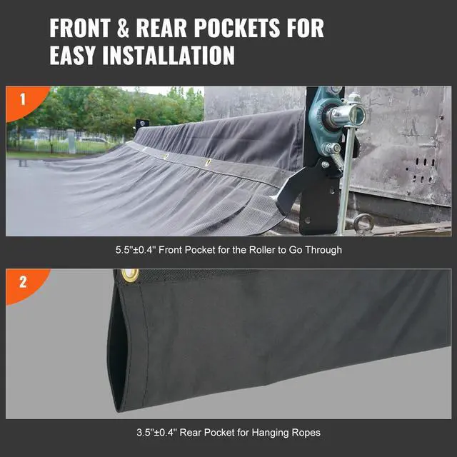 Alt view image 4 of 7 - Dump Truck Mesh Tarp, 8 x 18 ft, PVC Coated Black Heavy Duty Cover with 5.5" 18oz Double Pocket, Brass Grommets, Reinforced Double Needle Stitch Webbing Fits Manual or Electric Dump Truck System