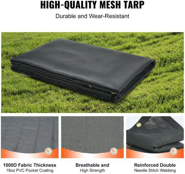 Alt view image 2 of 7 - Dump Truck Mesh Tarp, 8 x 18 ft, PVC Coated Black Heavy Duty Cover with 5.5" 18oz Double Pocket, Brass Grommets, Reinforced Double Needle Stitch Webbing Fits Manual or Electric Dump Truck System