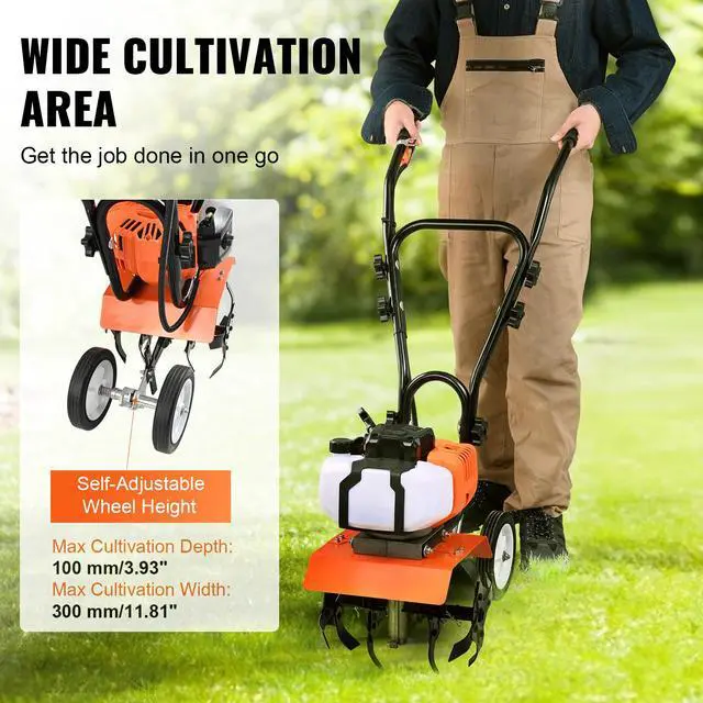 Alt view image 4 of 7 - Tiller Cultivator, 43CC 2-Stroke Garden Cultivator, Tiller with 4 Steel Adjustable Front Tines for Lawn, Garden and Field Cultivation