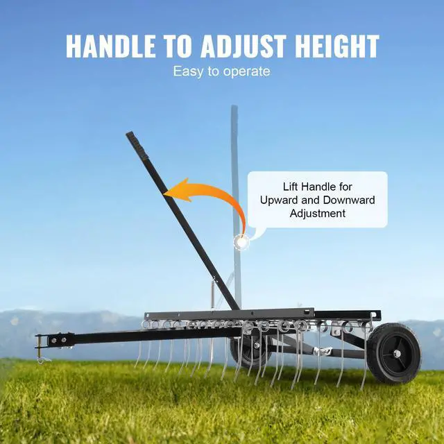 Alt view image 4 of 7 - Tow Behind Dethatcher, 48-inch Tow Dethatcher with 24 Spring Steel Tines, Lawn Dethatcher Rake for ATV or Mower, Tow Behind Lawn Rake with Lift Handle for Garden Farm Grass