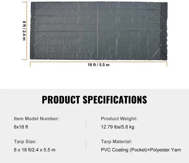 Alt view image 7 of 7 - Dump Truck Mesh Tarp, 8 x 18 ft, PVC Coated Black Heavy Duty Cover with 5.5" 18oz Double Pocket, Brass Grommets, Reinforced Double Needle Stitch Webbing Fits Manual or Electric Dump Truck System