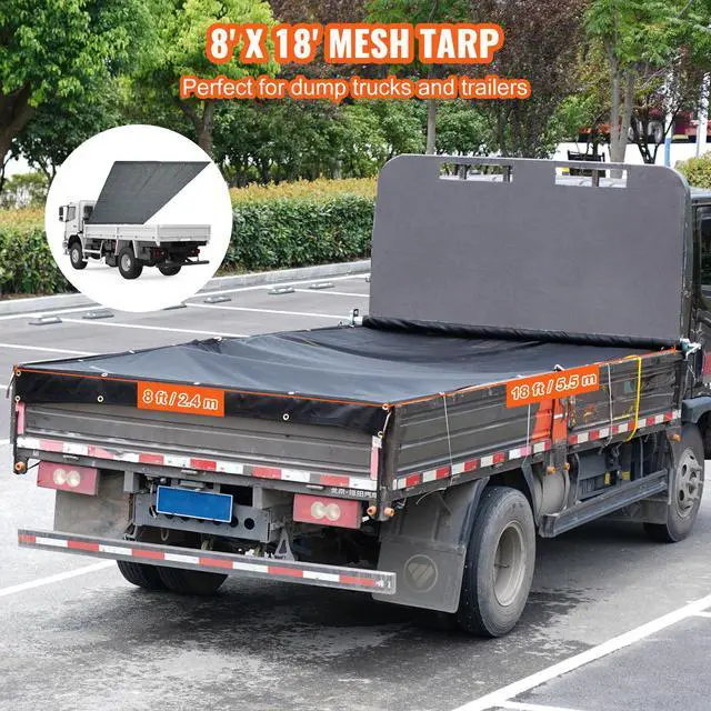 Alt view image 6 of 7 - Dump Truck Mesh Tarp, 8 x 18 ft, PVC Coated Black Heavy Duty Cover with 5.5" 18oz Double Pocket, Brass Grommets, Reinforced Double Needle Stitch Webbing Fits Manual or Electric Dump Truck System