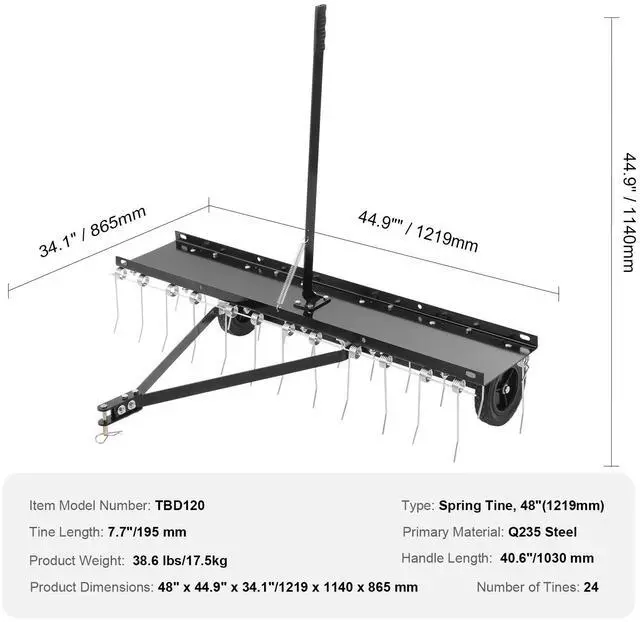 Alt view image 7 of 7 - Tow Behind Dethatcher, 48-inch Tow Dethatcher with 24 Spring Steel Tines, Lawn Dethatcher Rake for ATV or Mower, Tow Behind Lawn Rake with Lift Handle for Garden Farm Grass