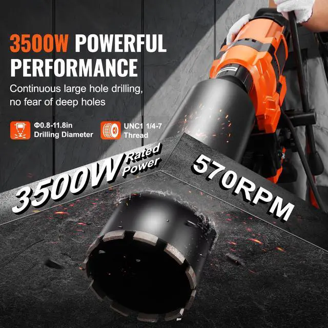 Alt view image 2 of 7 - Core Drill Machine, 0.8-11.8in Drilling Diameter Diamond Core Drill Rig with Stand and Core Drill Bit, 3500W Rugged Concrete Core Drill, Wet and Dry Use, For Concrete, Brick, Marble