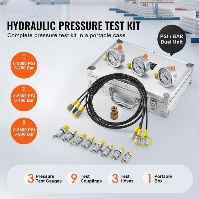 Alt view image 2 of 7 - Hydraulic Pressure Test Kit, 250/400/600bar, 3 Gauges 9 Test Couplings 3 Test Hoses, Excavator Hydraulic Test Gauge Set with Portable Carrying Case for Excavator Tractors Construction Machinery