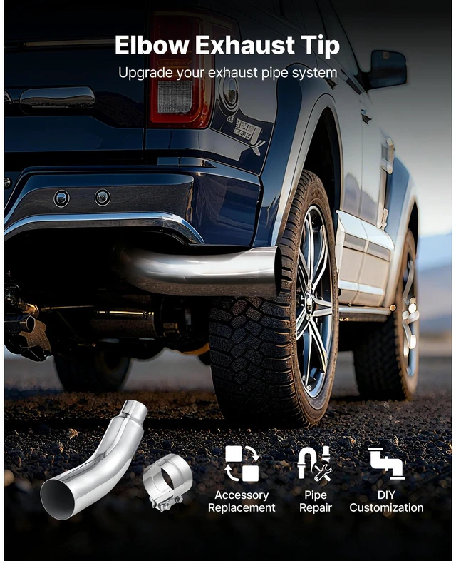 Alt view image 2 of 14 - Elbow Exhaust Tip, 4 Inch Inlet, 6 Inch Outlet, 23 in Overall Length, Chrome Turn Down Exhaust Tip with Clamp for Truck, Sedan, Sports Car, SUV, Chrome Structure for High Temperature Resistance