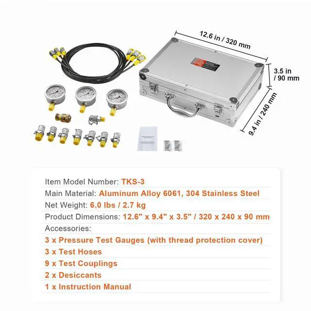 Alt view image 7 of 7 - Hydraulic Pressure Test Kit, 250/400/600bar, 3 Gauges 9 Test Couplings 3 Test Hoses, Excavator Hydraulic Test Gauge Set with Portable Carrying Case for Excavator Tractors Construction Machinery