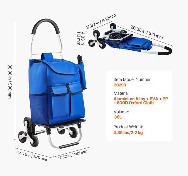 Alt view image 7 of 7 - Stair Climber Trolley Dolly, 36L Folding Shopping Cart, Grocery Cart Trolley Laundry Stair Climbing Handcart with 6 Wheels & Oxford Cloth Bag, Foldable Cart for Shopping Grocery Laundry Climbing