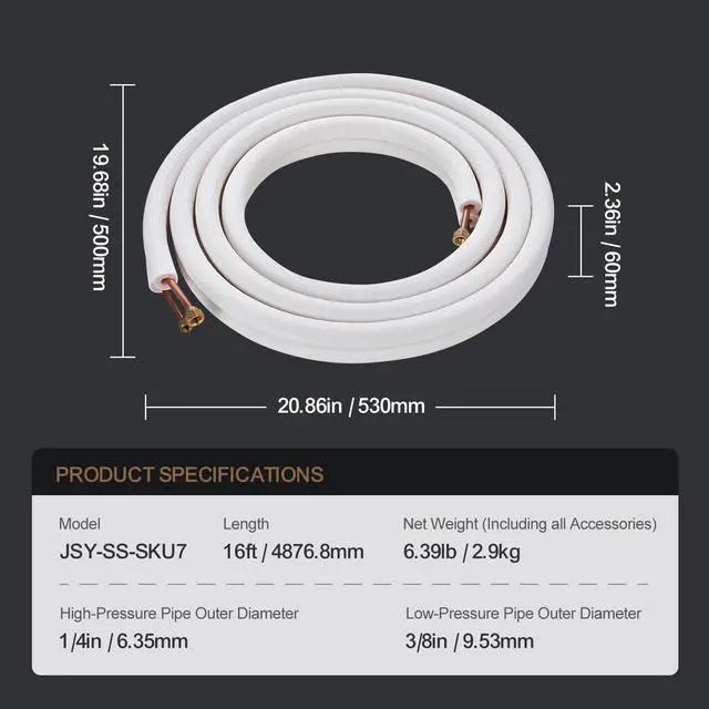 Alt view image 7 of 7 - 16FT Mini Split Line Set, 1/4" & 3/8" O.D Copper Pipes Tubing and Triple-Layer Insulation, for Air Conditioning or Heating Pump Equipment & HVAC with Rich Accessories (18ft Connection Cable)