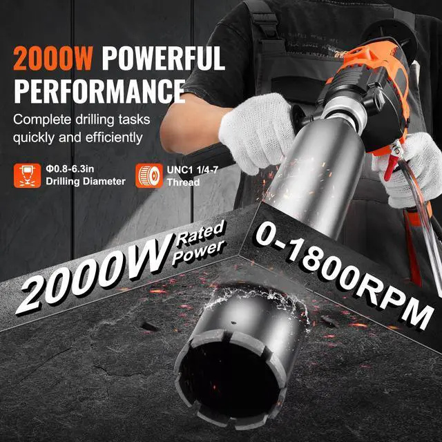 Alt view image 2 of 7 - Core Drill Machine, 0.8-6.3in Drilling Diameter Handheld Diamond Core Drill Rig with Carrying Case, 2000W Rugged Concrete Core Drill, Wet and Dry Use, For Drilling Concrete and Mixing Paint