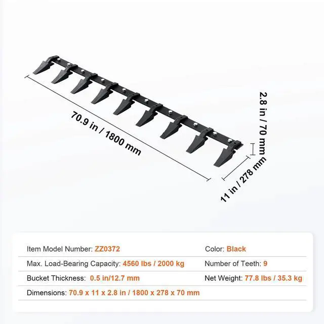 Alt view image 7 of 7 - Bucket Tooth Bar, 72'', Heavy Duty Tractor Bucket 9 Teeth Bar for Loader Tractor Skidsteer, 4560 lbs Load-Bearing Capacity Bolt On Design, for Efficient Soil Excavation and Bucket Protection