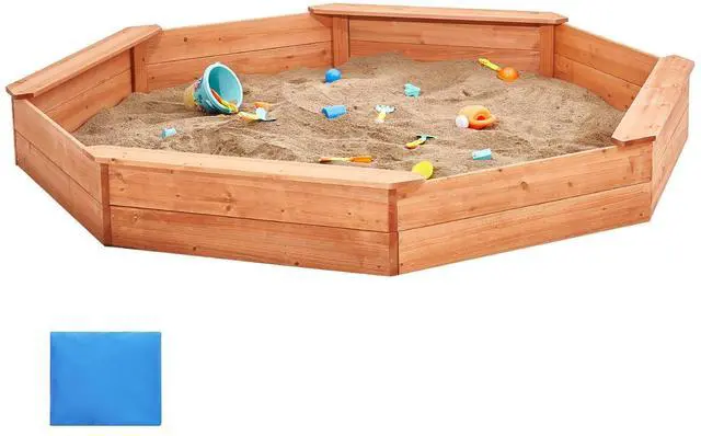 Main image of Wooden Sandbox with Cover, 75.6 x 75.6 x 9.1 in Octagonal Sand Box, Sand Pit with 4 Seating and Bottom Liner, Kids Sandbox for Outdoor Backyard, Beach, Park, Gift for Boys Girls Ages 3-12